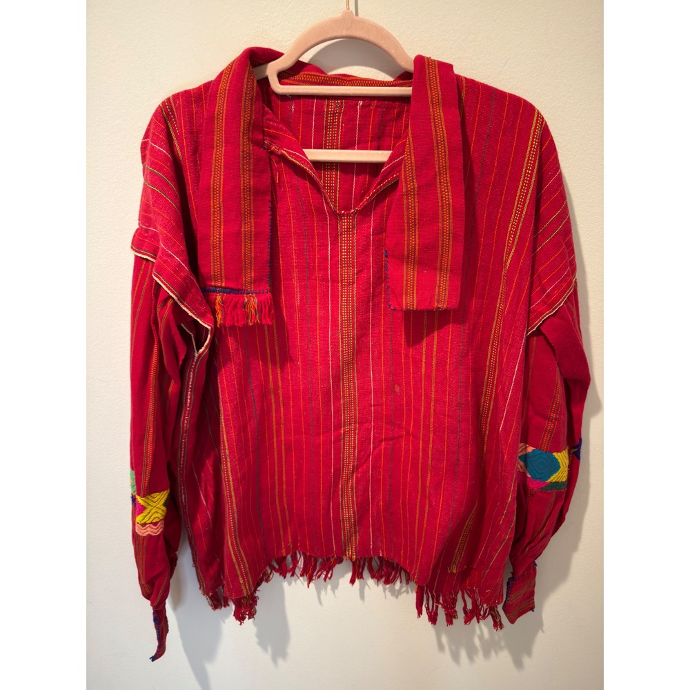 Vintage Guatemalan Handwoven Embroidered Fringed Huipil Red Tunic Top